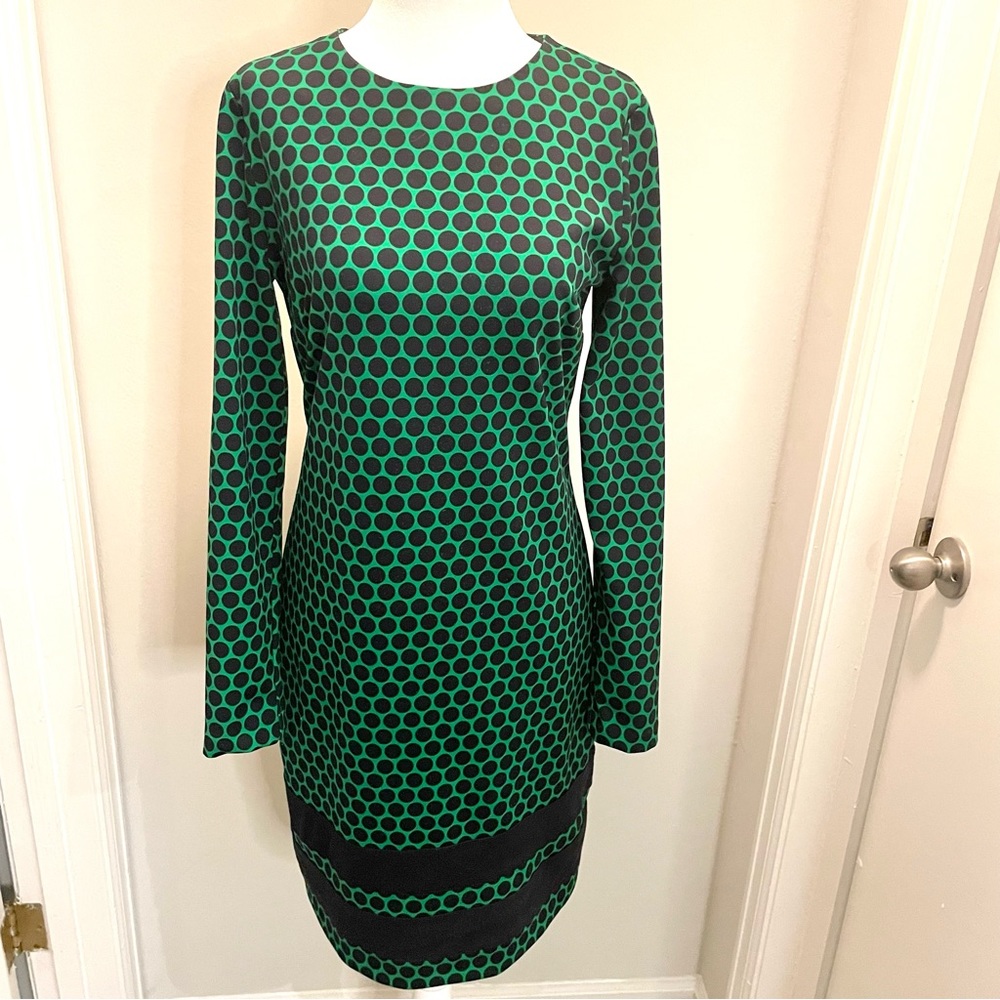 MICHAEL Michael Kors Green Navy Polka Dot Long Sleeved Sheath Wm Sz 4